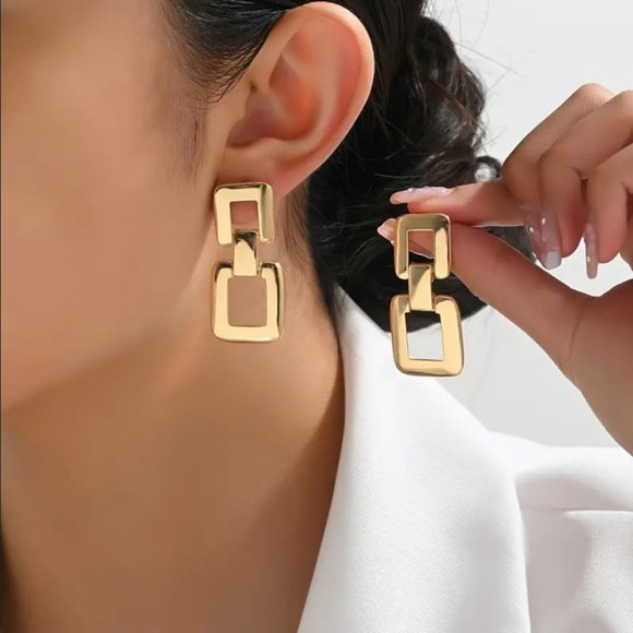 14K Gold Double Chain Link Drop Earrings Womens 2 Square Links Jewelry 14 Karat